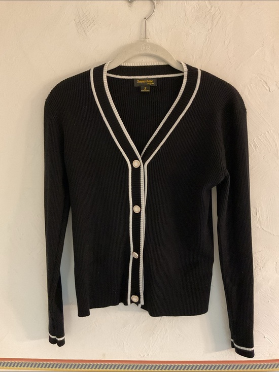 Tenney Rose Sweaters - Tenney Rose Ribbed Cardigan White Tipped Faux Pearl Buttons, Size S, Black